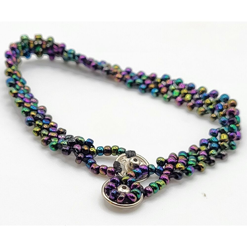 Woven Beaded Oil Spill Bracelet Floral Snap Clasp Closure 6.5in